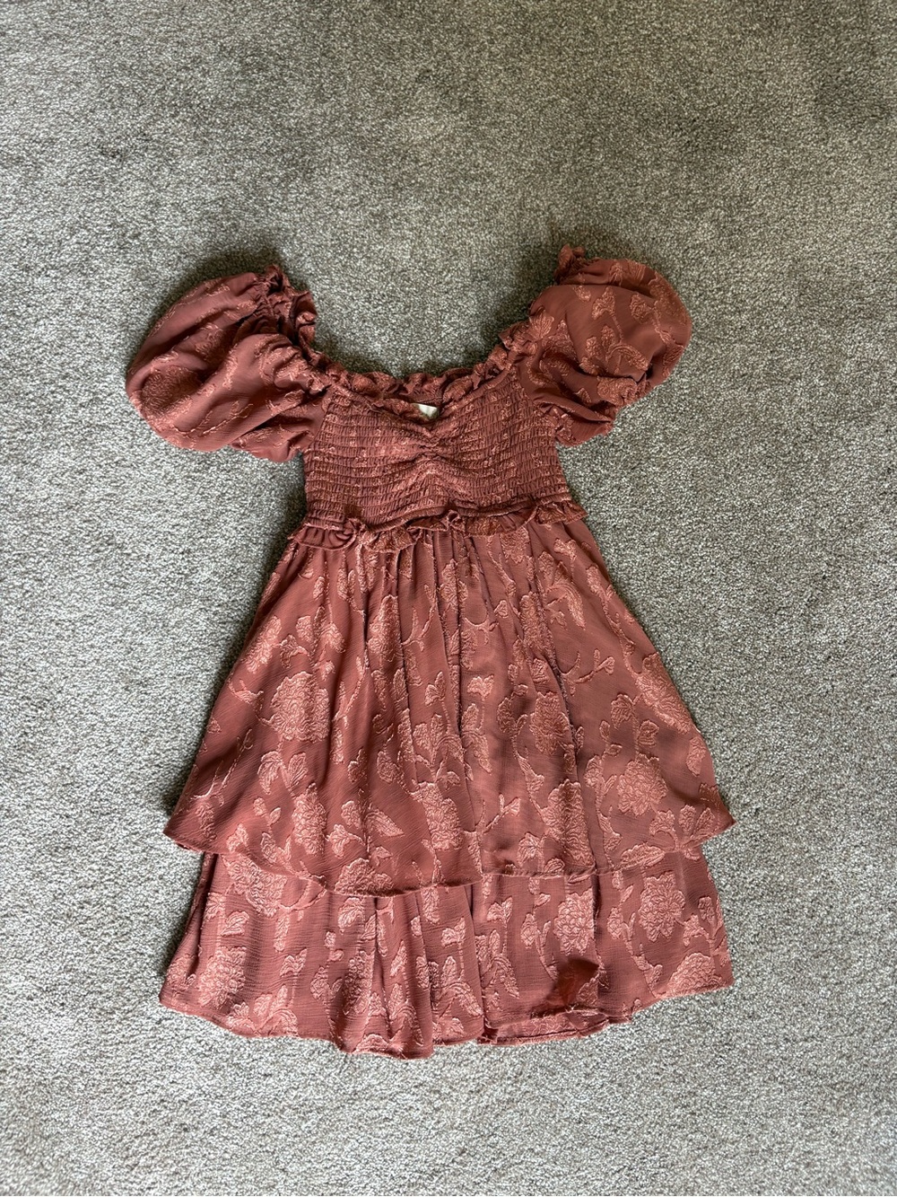 Altard state Rust Floral Tiered Puff-Sleeve Dress